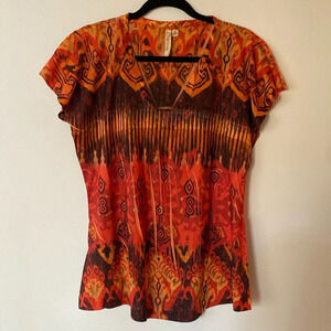 Susan Lawrence Tribal Aztec V-Neck Short Sleeve Orange Red Brown Blouse Size M